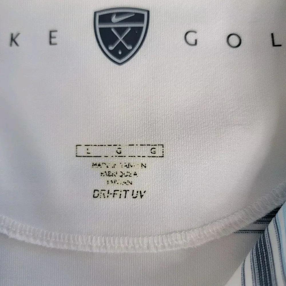 Nike Golf Dri Fit UV Polo Short Sleeve White Blue Stripe Large Shirt Casual Golf